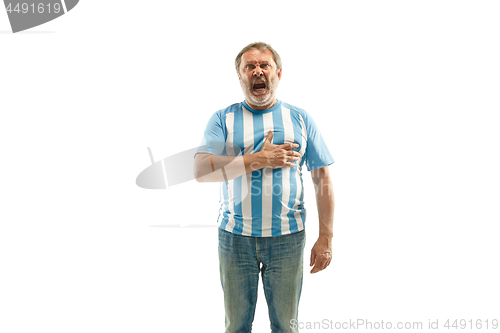 Image of The soccer Argentinean fan celebrating on white background