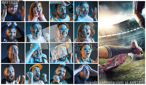 Image of Collage about emotions of football fans watching soccer on tv