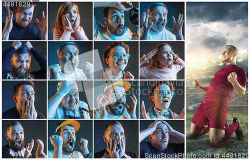 Image of Collage about emotions of football fans watching soccer on tv