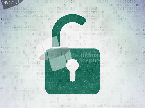 Image of Information concept: Opened Padlock on Digital Data Paper background