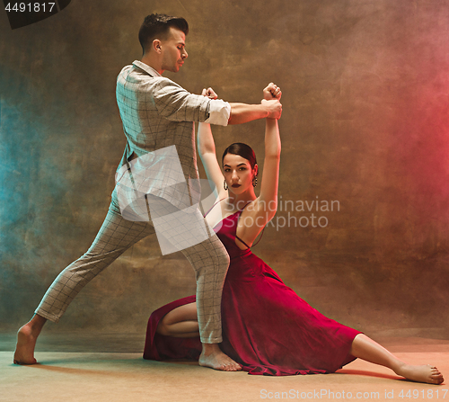 Image of Flexible young modern dance couple posing in studio.