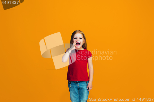 Image of Isolated on pink young casual teen girl shouting at studio