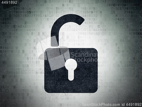 Image of Information concept: Opened Padlock on Digital Data Paper background