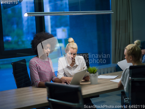 Image of Multiethnic startup business team in night office