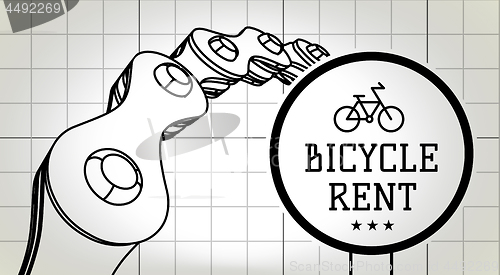 Image of Bicycle rent sign on blueprint background with bicycle chain. Vector