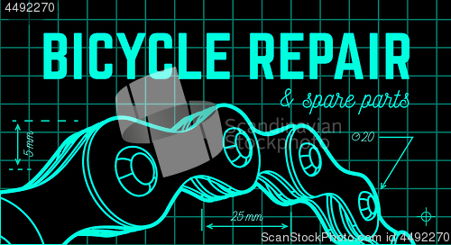 Image of Bicycle repair on blueprint background with bicycle chain. Vector