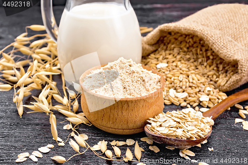 Image of Flour oat in bowl with oatmeal on dark board