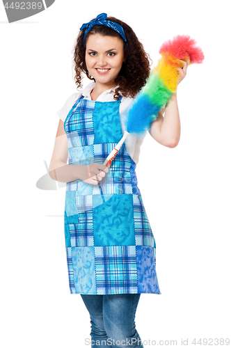 Image of Young housewife on white