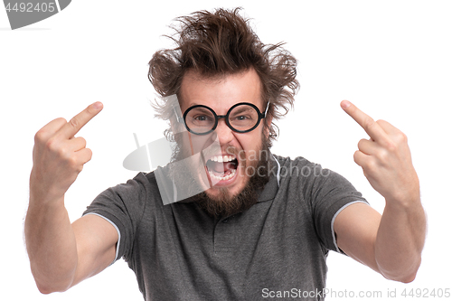 Image of Crazy bearded man emotions and signs