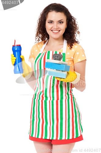 Image of Young housewife on white