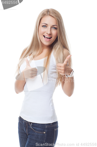 Image of Beautiful girl showing thumbs up