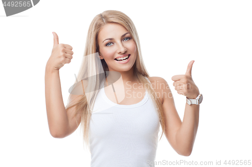 Image of Beautiful girl showing thumbs up