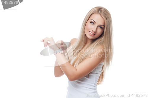 Image of Beautiful girl with wrist watches