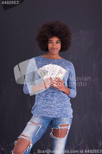 Image of black woman holding money on gray background