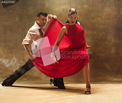 Image of Flexible young modern dance couple posing in studio.