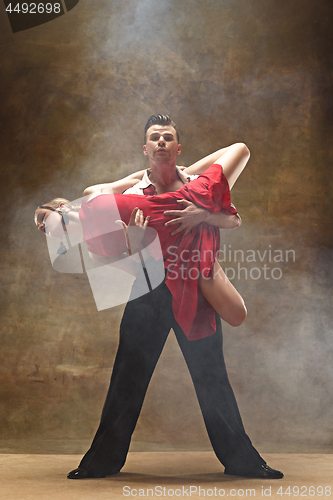 Image of Flexible young modern dance couple posing in studio.