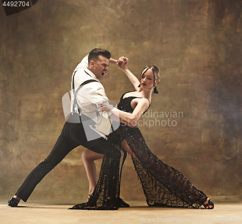 Image of Flexible young modern dance couple posing in studio.