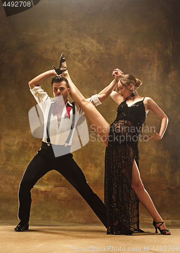 Image of Flexible young modern dance couple posing in studio.