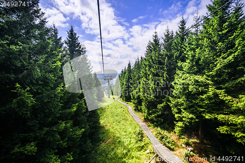 Image of Mountain lift in the summer with pine trees