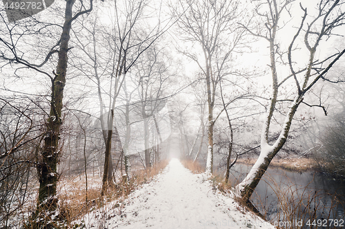 Image of Snowy trail in a misty forest with a river