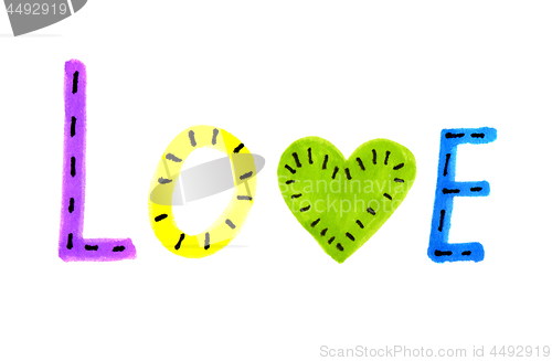 Image of Word LOVE from colorful letters and heart symbol