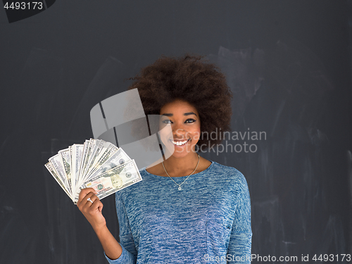 Image of black woman holding money on gray background