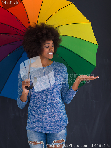 Image of african american woman holding a colorful umbrella