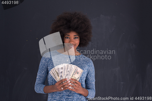 Image of black woman holding money on gray background