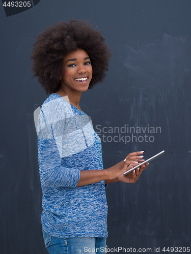 Image of Happy African American Woman Using Digital Tablet