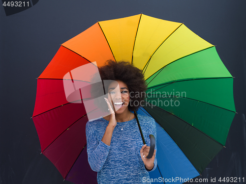 Image of african american woman holding a colorful umbrella