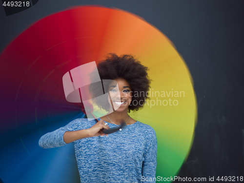 Image of african american woman holding a colorful umbrella