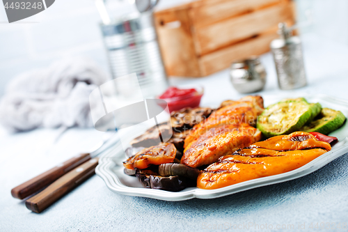 Image of chicken barbecue and grilled vegetables