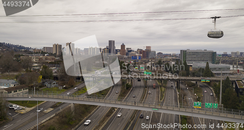 Image of The Portland Tram Moves East over Interstate 5 Toward the Waterf