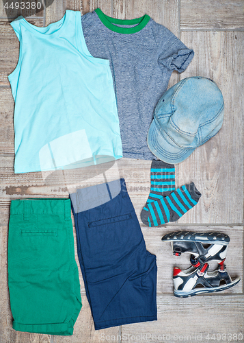 Image of Flat lay photography of some boy\'s casual outfits.
