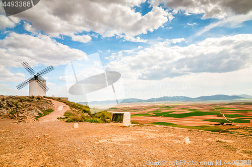 Image of Traditional old white windmill in Consuegra, Spain