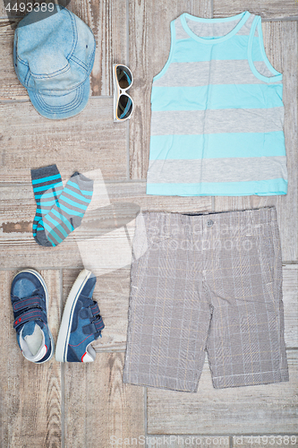 Image of Flat lay photography of boy\'s casual outfit.