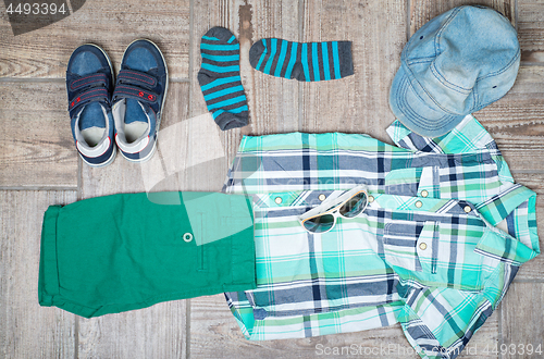 Image of Flat lay picture of boy\'s casual outfit.