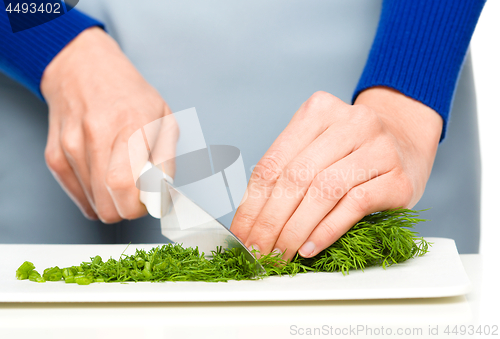 Image of Cook is chopping green dill