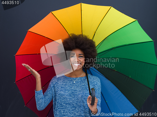 Image of african american woman holding a colorful umbrella