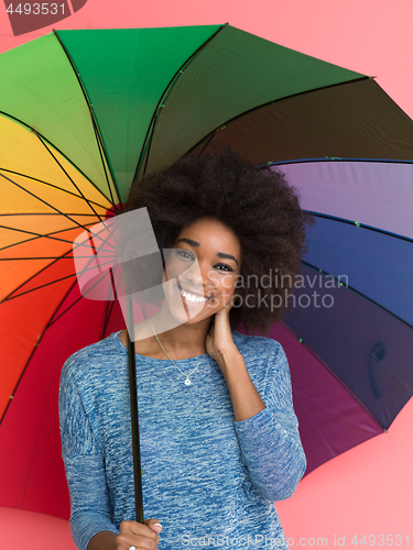 Image of afro american woman holding a colorful umbrella