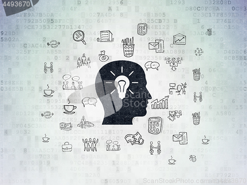 Image of Finance concept: Head With Light Bulb on Digital Data Paper background