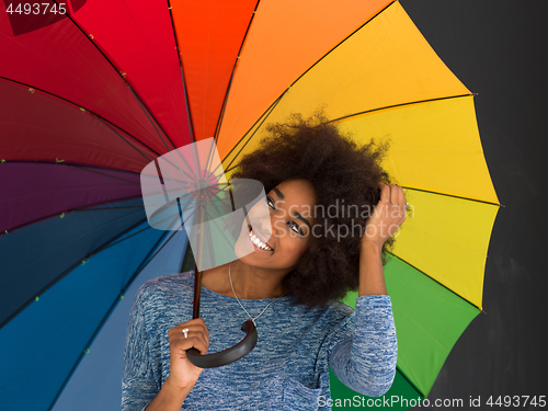 Image of african american woman holding a colorful umbrella