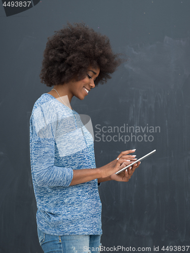 Image of Happy African American Woman Using Digital Tablet