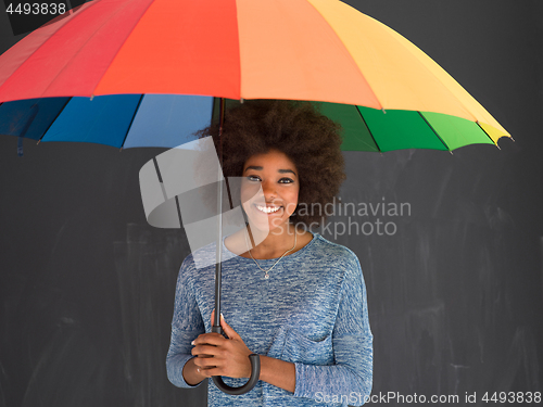 Image of african american woman holding a colorful umbrella