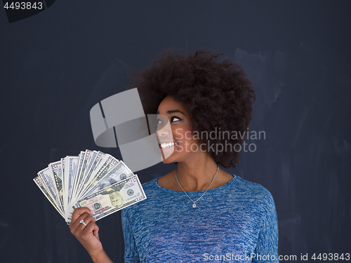 Image of black woman holding money on gray background