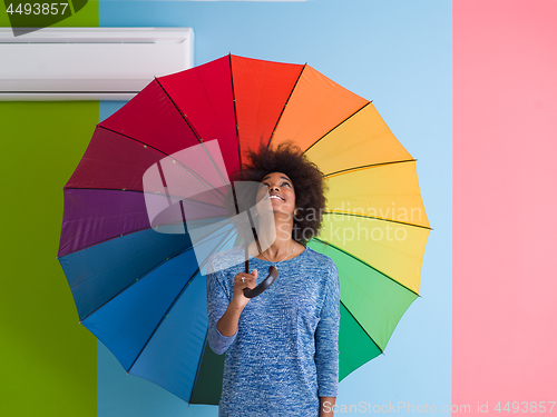 Image of young black woman holding a colorful umbrella