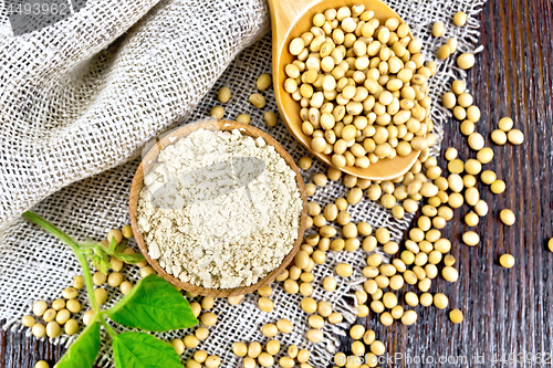 Image of Flour soy in bowl with spoon on dark board top