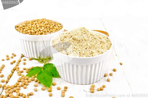 Image of Flour soy with soybeans and leaf on light board