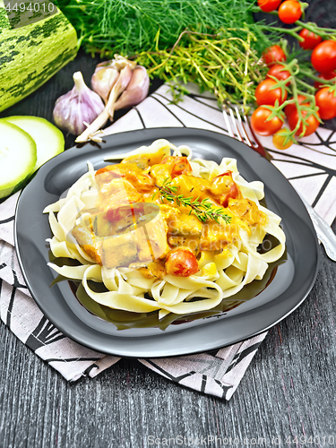 Image of Pasta with goulash in plate on table