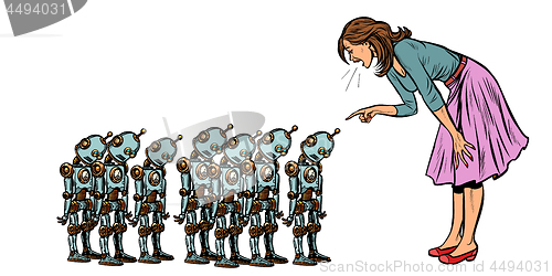 Image of learning artificial intelligence concept, woman swears at small robots